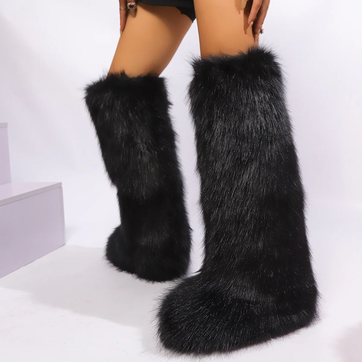 Black Tall Fuzzy Boots - Image 4