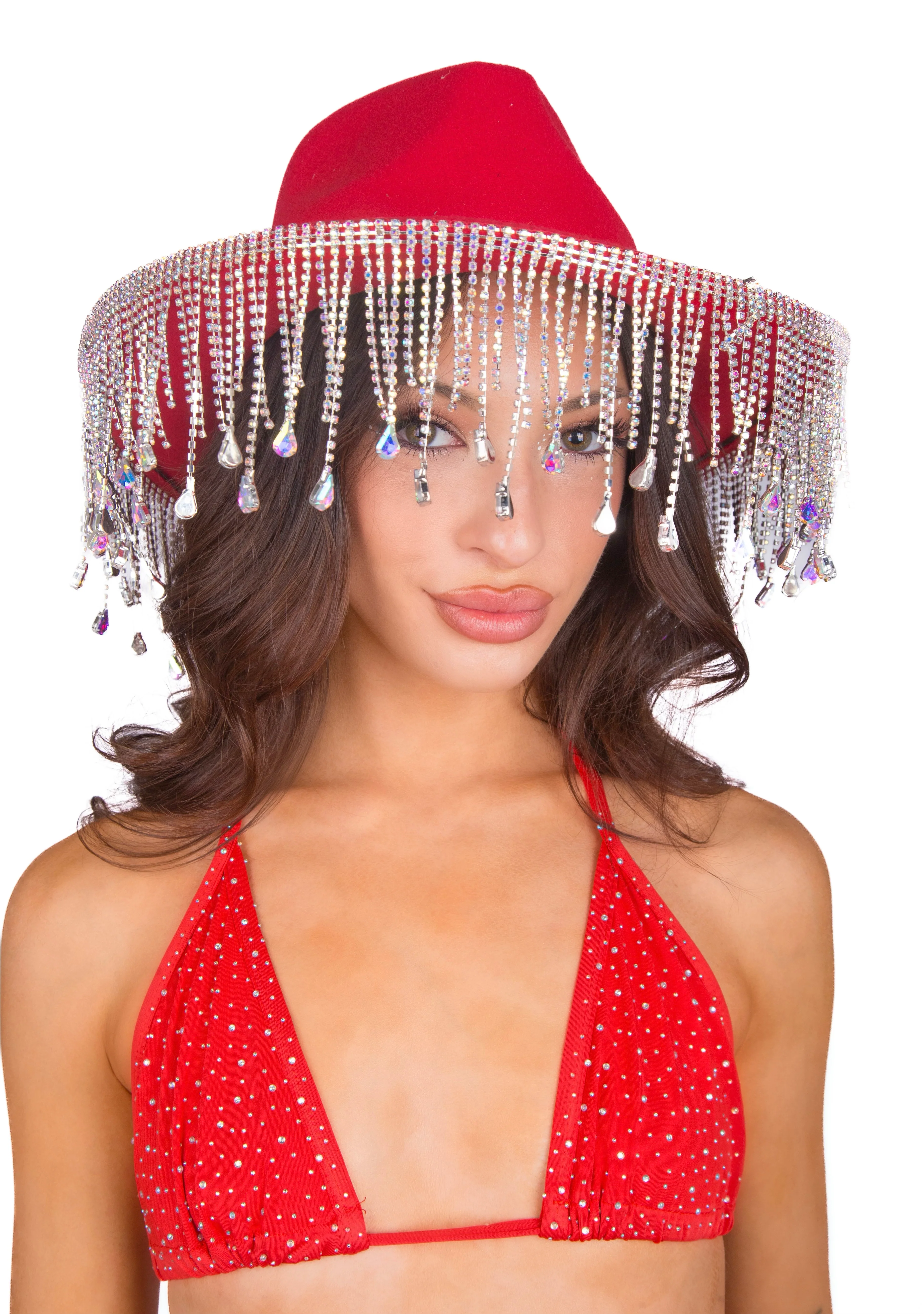 Red Iridescent Rhinestone Brim Hat - Image 4