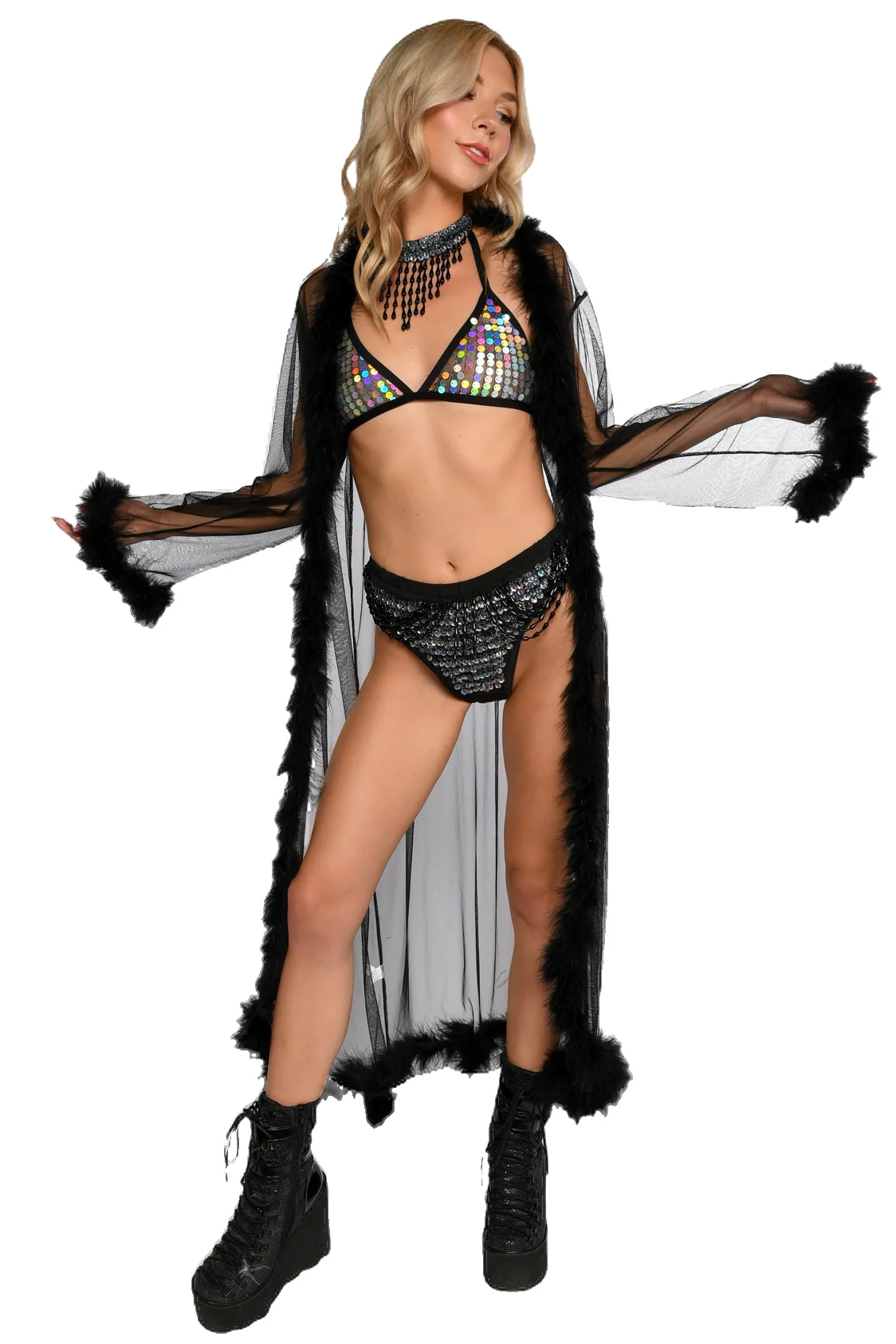 Fuzzy Long Kimono- Sheer Black - Image 5
