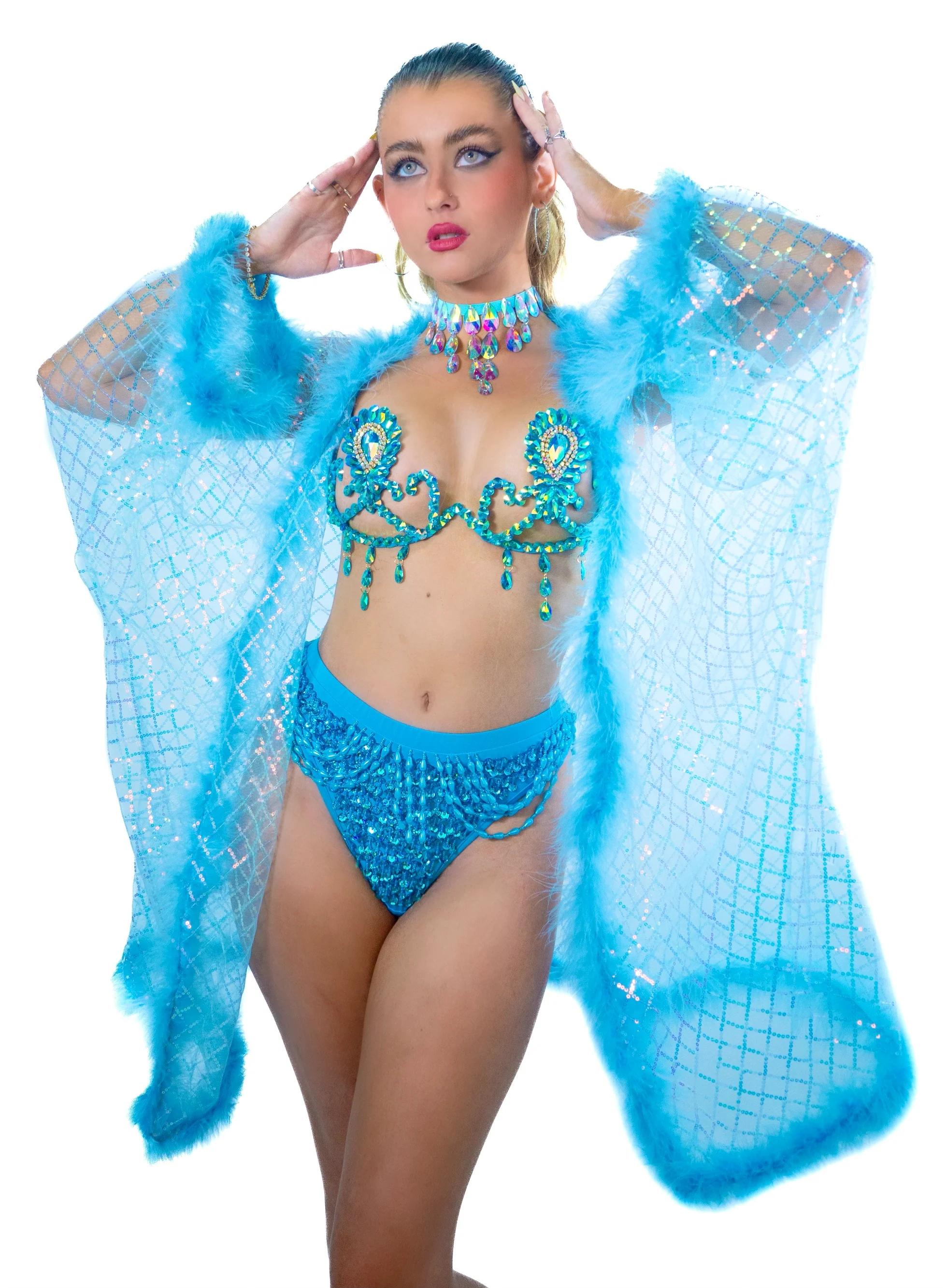 Fuzzy Sequin Kimono- Iridescent Sky Blue - Image 2