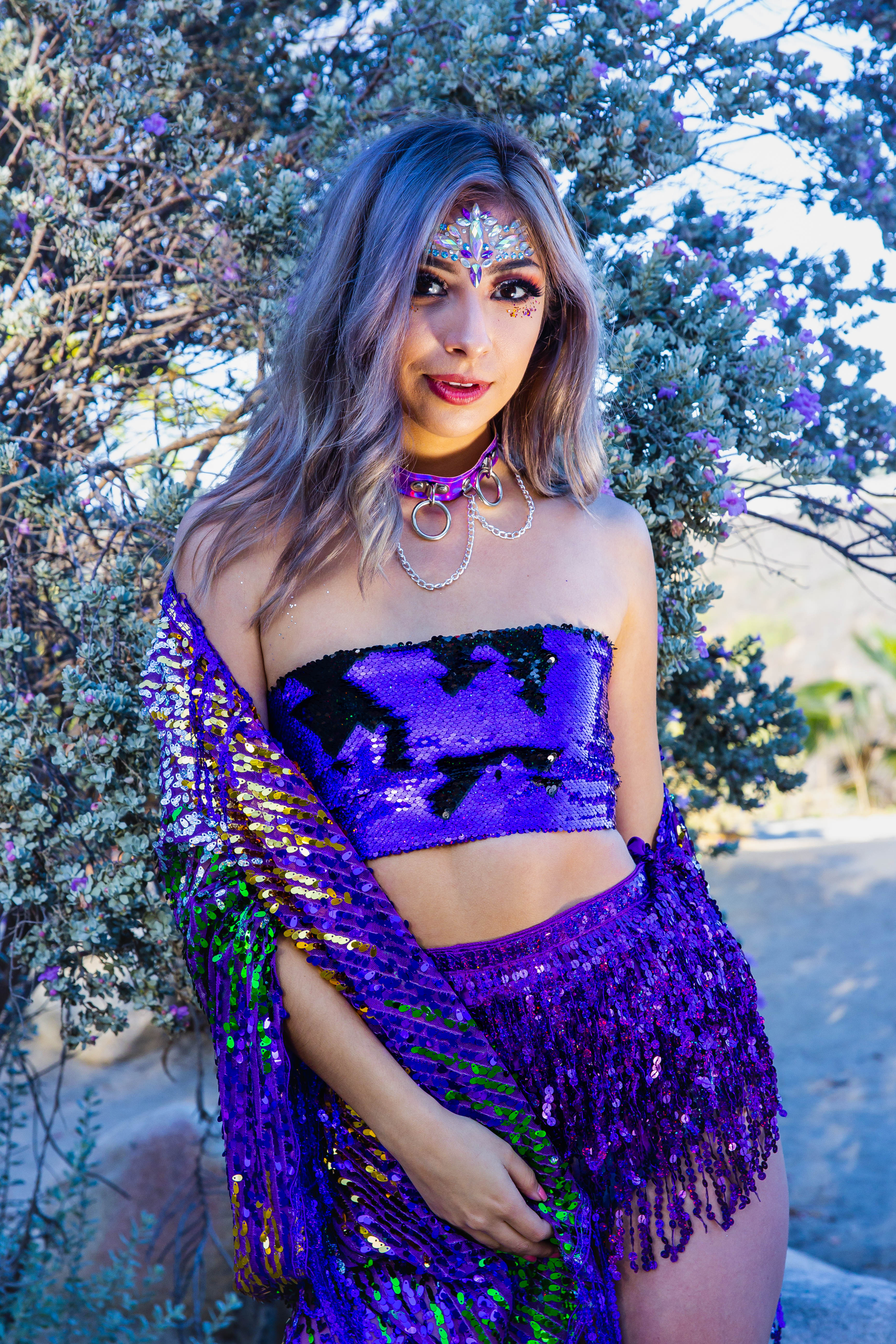 Reversible Sequin Tube Top in Violet/Black Hologram - Image 2