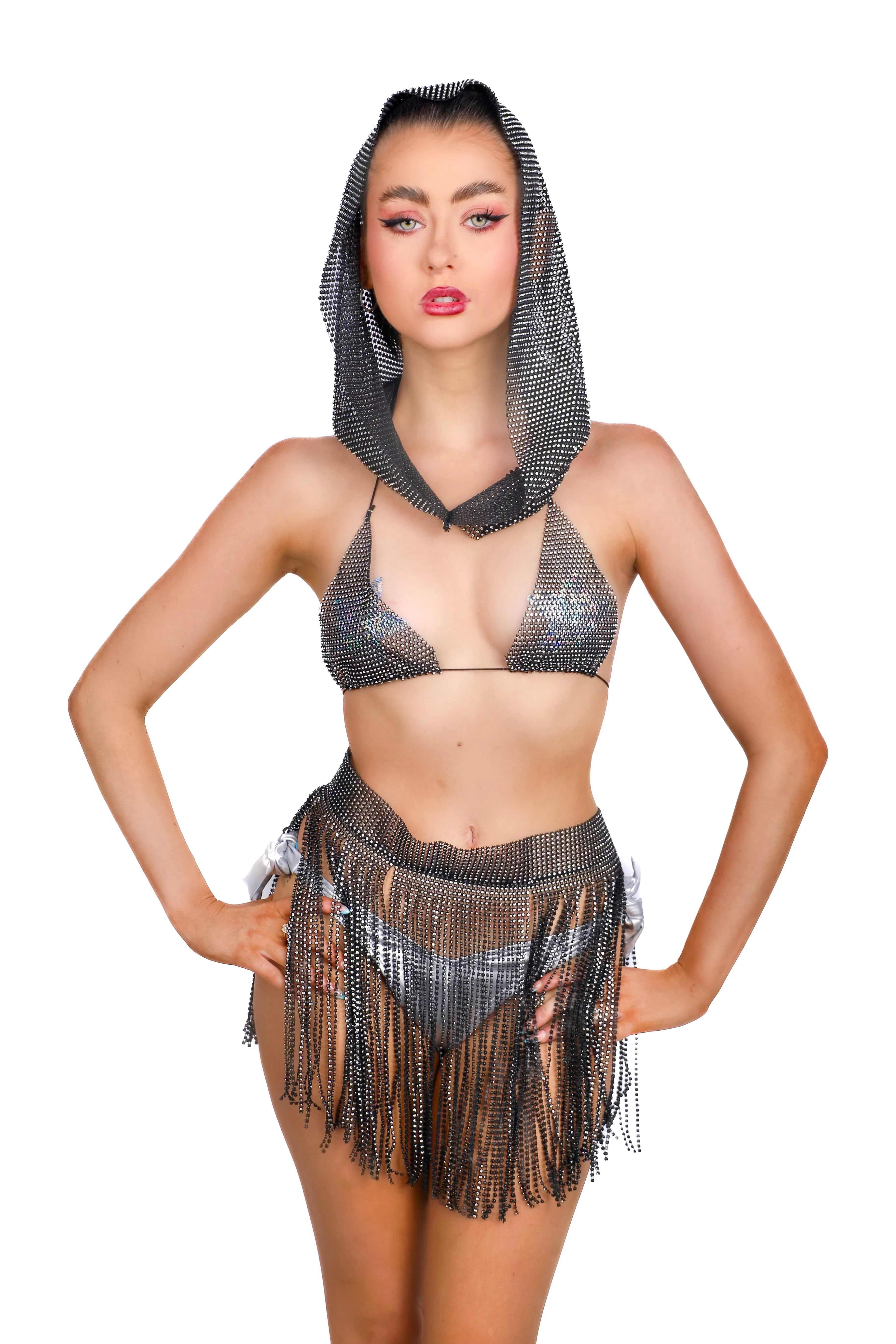 Rhinestone Fishnet Mesh Hood - Image 5