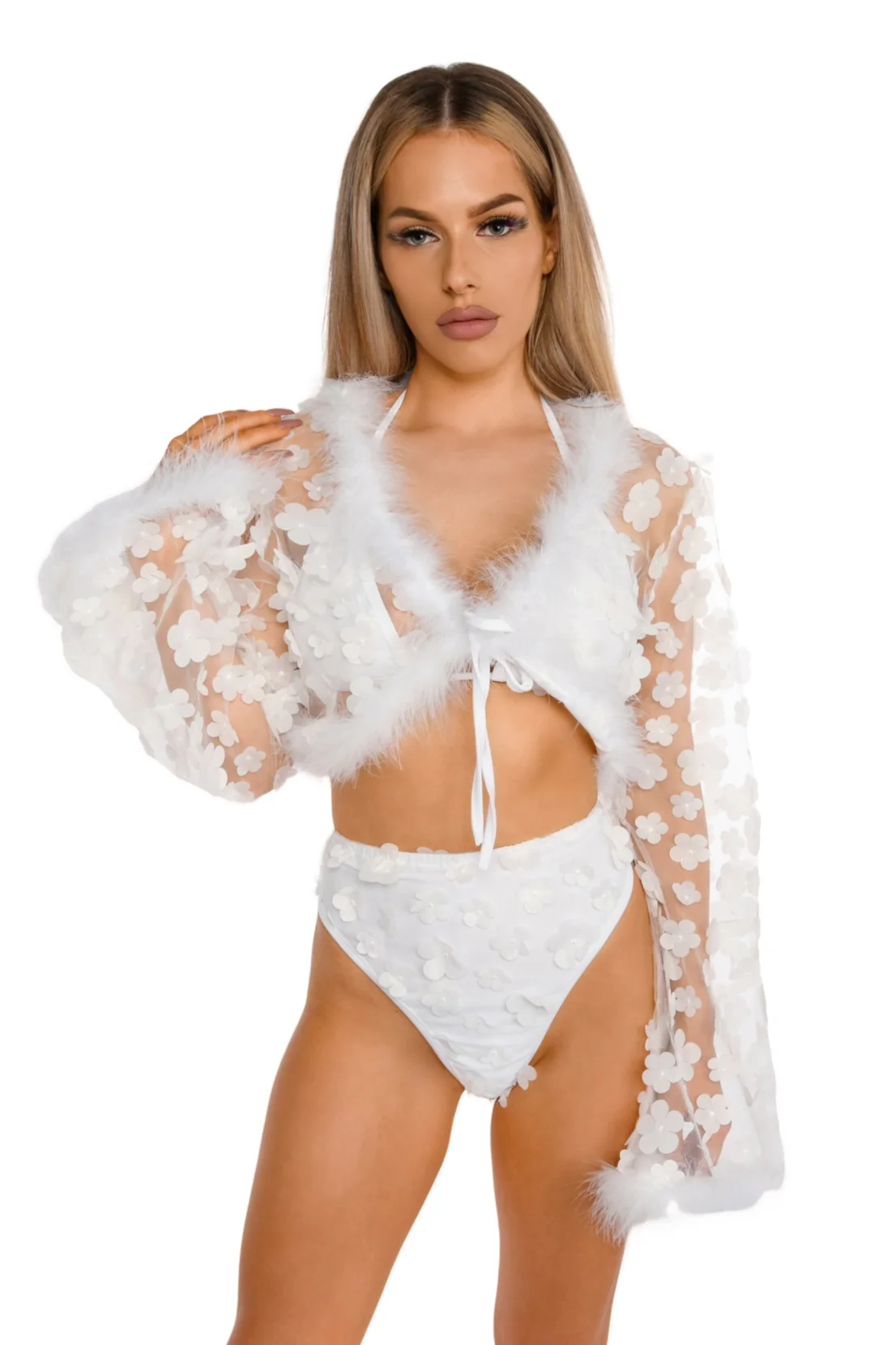 White Fuzzy 3D Floral Set (3 pcs) - Image 2